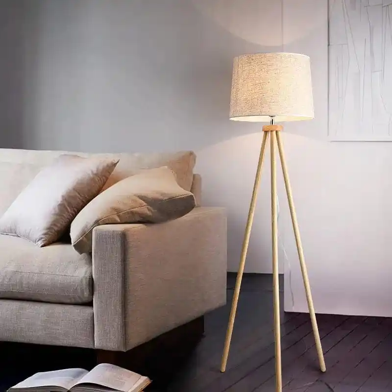 Lampadaire Nordique Bois Art en Bois Massif avec Abat-jour en Tissu LED