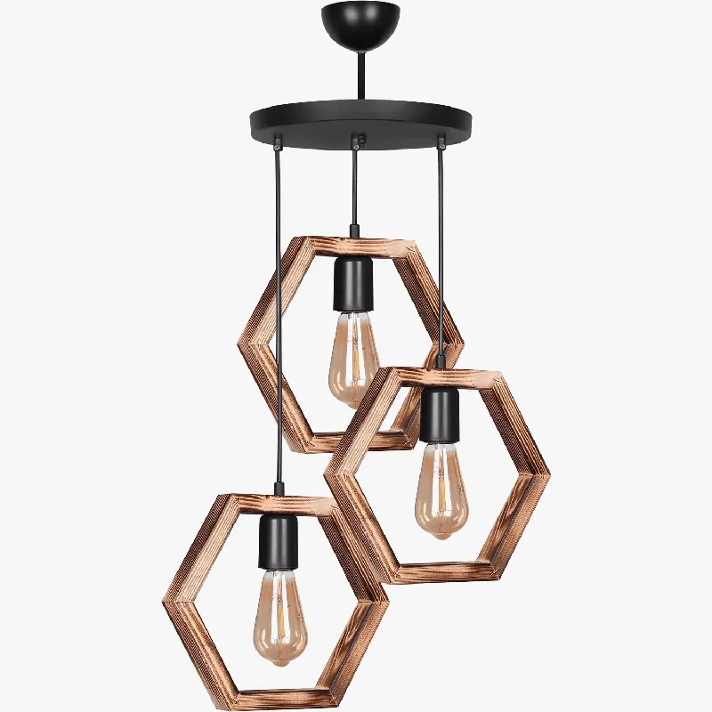 Plafonnier Lustre Bois Hexagonal Rétro Rustique - Modèle Élégant et Authentique