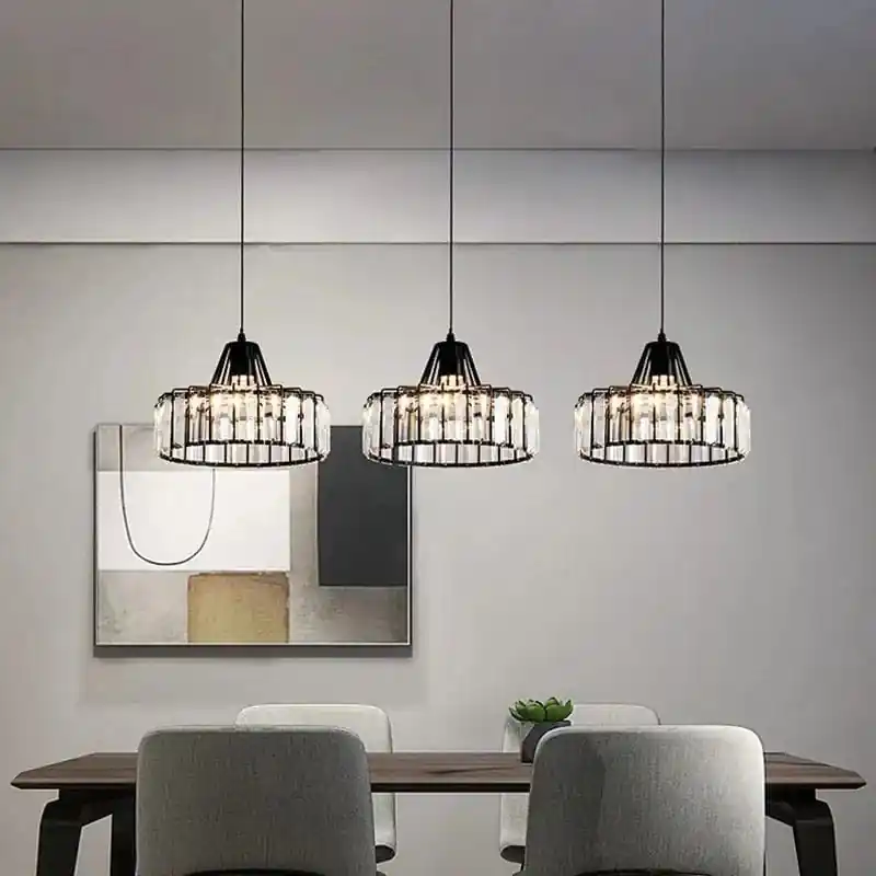 Suspension LED nordique pour cuisine île - Lustre moderne en fer noir et verre