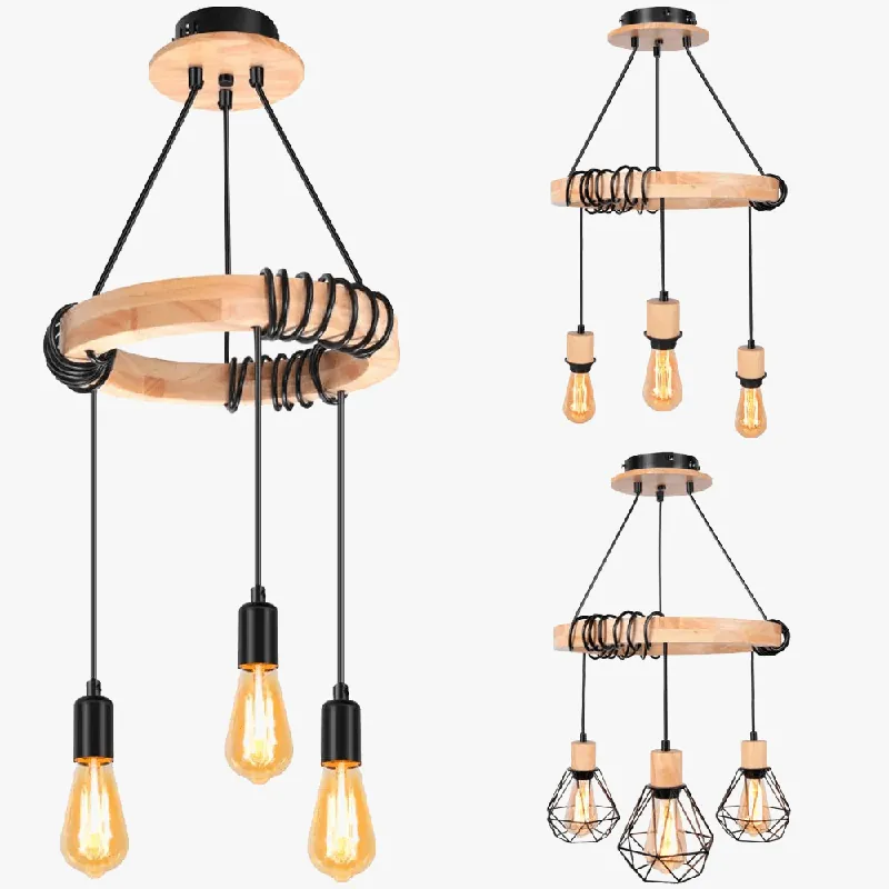 Lustre nordique à suspension industrielle en bois avec 3 têtes pour chambre salon cuisine