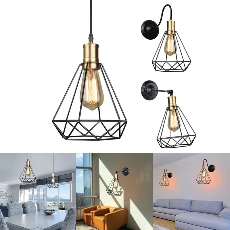 Suspension industrielle Vintage en Cage de Fer Art Diamant Pyramide pour Maison et Salon