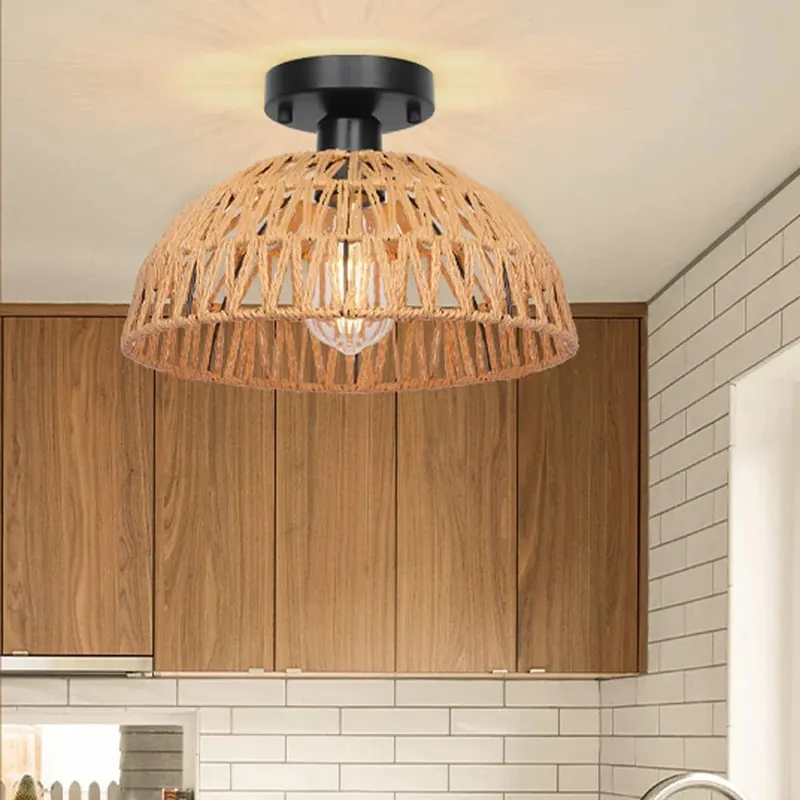 Plafonniers Vintage Industriel LED en Rotin et Corde pour Loft et Décor Rétro