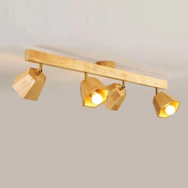 Plafonnier LED moderne en bois pour intérieur : Long lustre sur rail avec projecteur