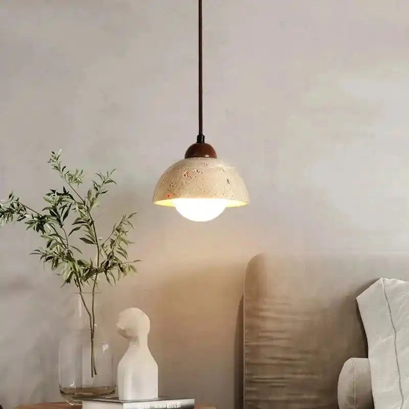 Charme Japonais : Lampe Suspendue en Travertin Jaune Style Wabi-Sabi