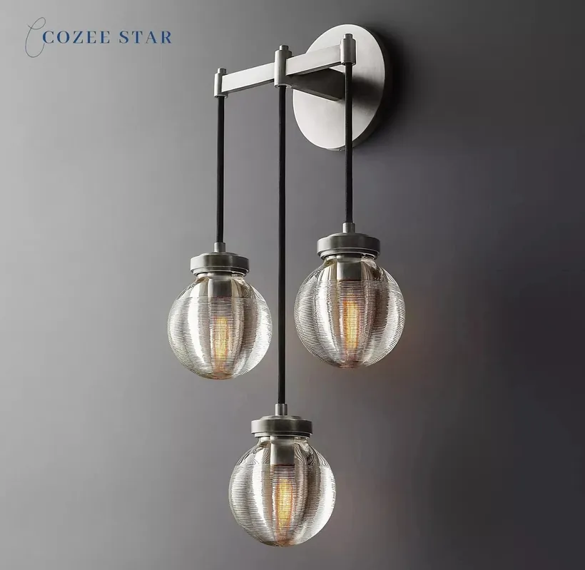 Perle Triple Applique Moderne Rétro LED en Laiton Chromé - Noir