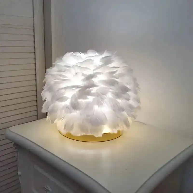 Lampe de Table Luxe en plumes roses et blanches naturelles