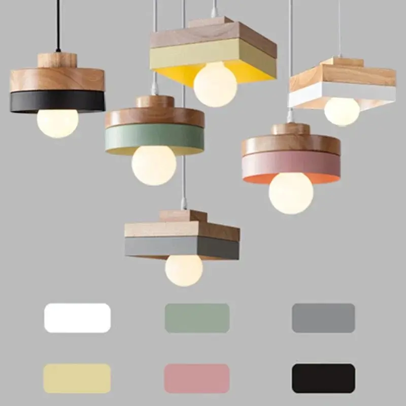 Suspension LED Nordique en Bois et Fer Noir de 18CM Carré - Idéal pour Salon, Chambre, Salle à Manger et Bureau