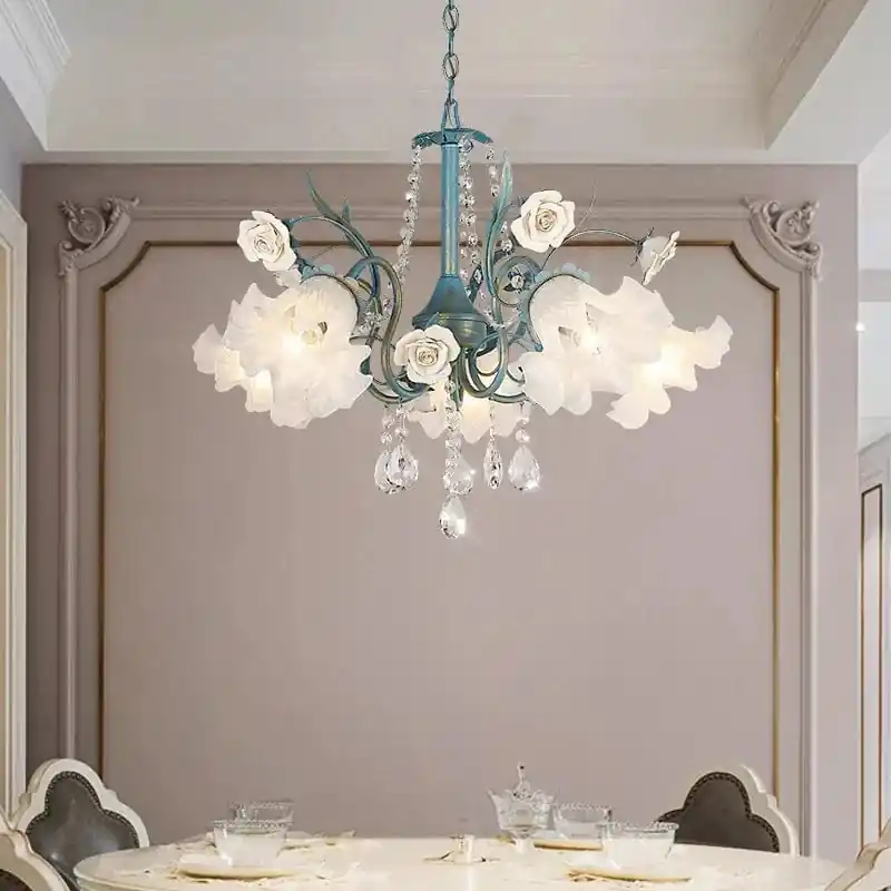 Suspension Lumière Moderne Française avec Cristaux et Fleur en Verre