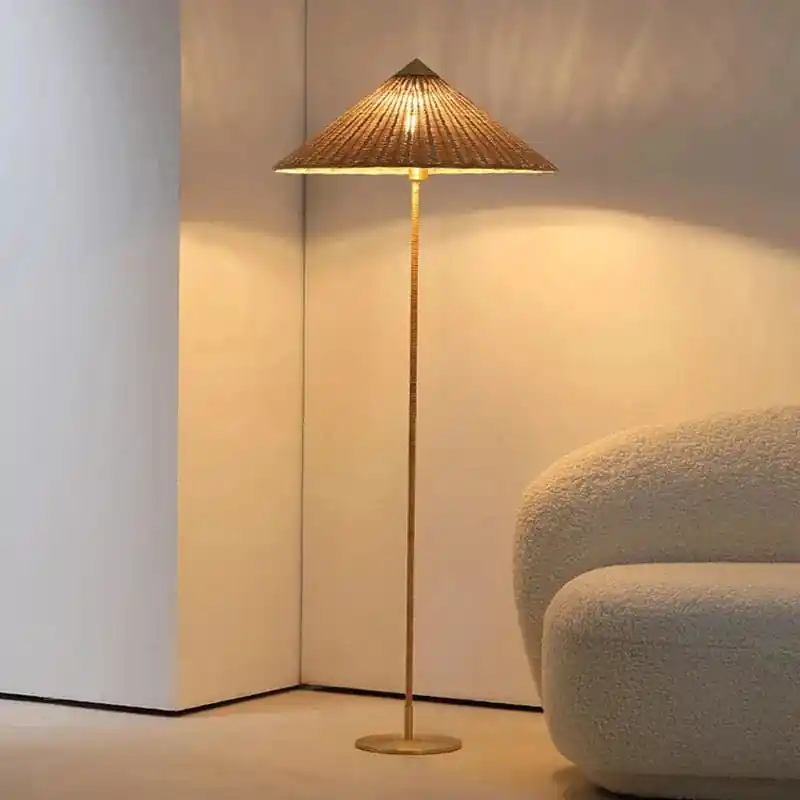 Lampe sur Pied Nordique Vintage Wabi Sabi en Rotin LED pour Décoration d'Intérieur
