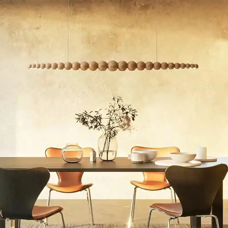 Lampes Suspendues Linéaires en Perles de Bois Modernes LED avec Télécommande