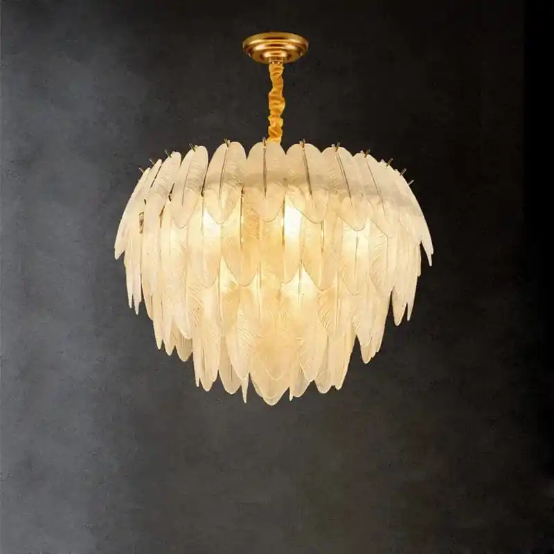 Lustre à LED en verre blanc avec plumes d'oie et finitions or argent