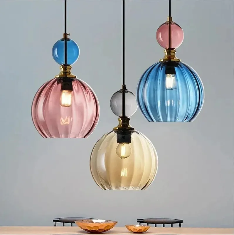 Suspension moderne couleur tête unique Nordic Lights LED - Design Verre Suspendu - Décor Lumineux pour Restaurant, Salon, Bar