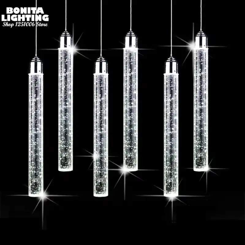 Suspension LED moderne minimaliste \\"Crystal Glow\\" pour salle à manger - Tube cylindrique long pour plafonds hauts