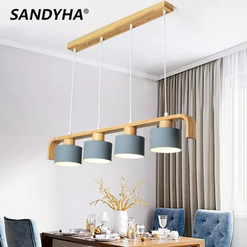 Lustre suspendu en bois et métal avec abat-jour nordique LED - Décoration intérieure maison et restaurant