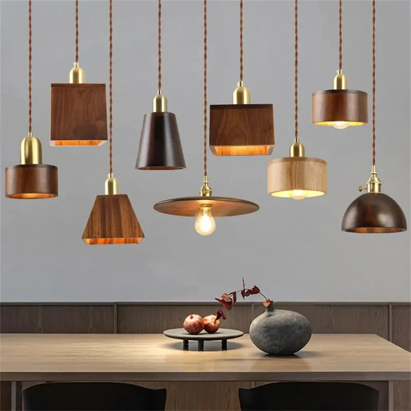 Suspension LED Nordika en laiton et bois pour cuisine îlot - Luminaire design