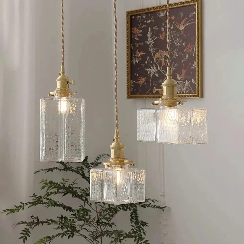 Lampe suspension rétro carré en verre pour salle à manger et chambre