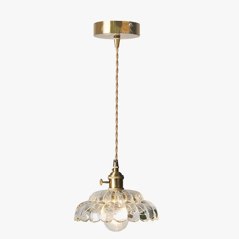 Lampe suspendue Vintage en cuivre et bois avec LED et abat-jour en verre