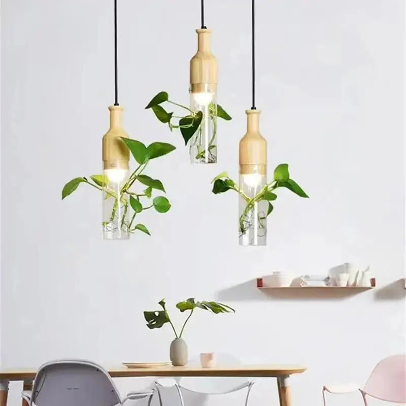Suspension LED Industrielle en Bois et Verre pour Plantes - Éclairage Design et Naturel