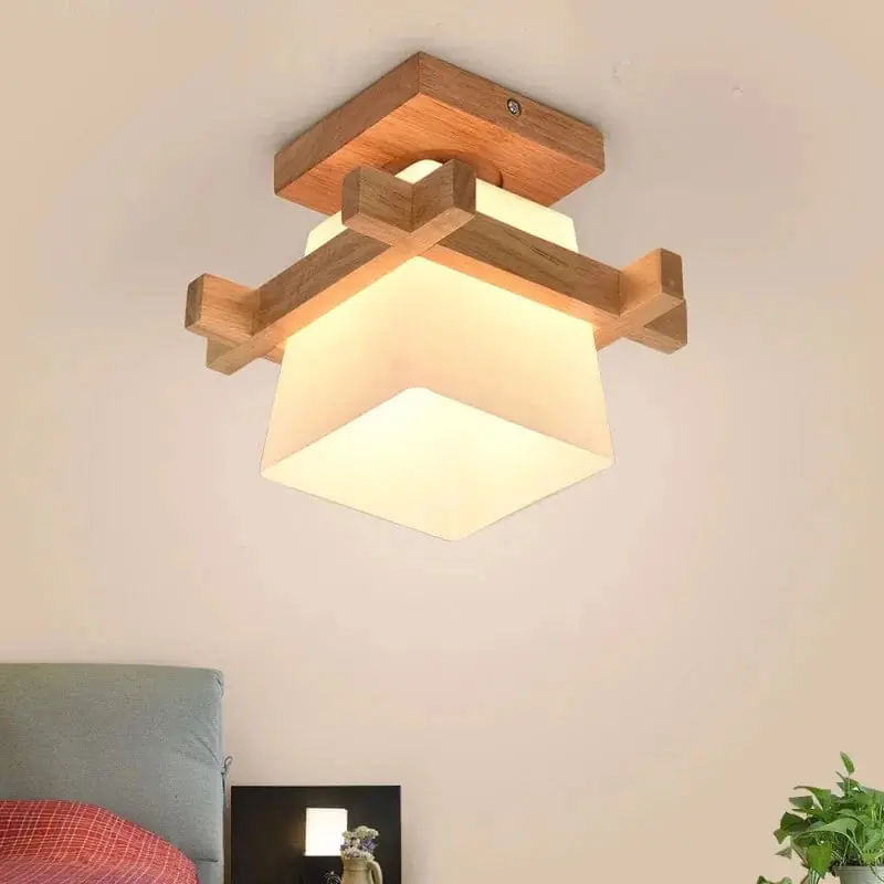 Plafonnier moderne japonais chaleureux pour cottage en bois avec abat-jour en verre