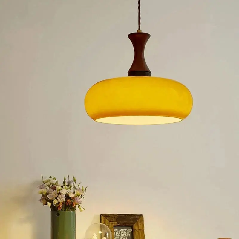 Lustre Vintage en Verre et Bois Massif Japonais à LED