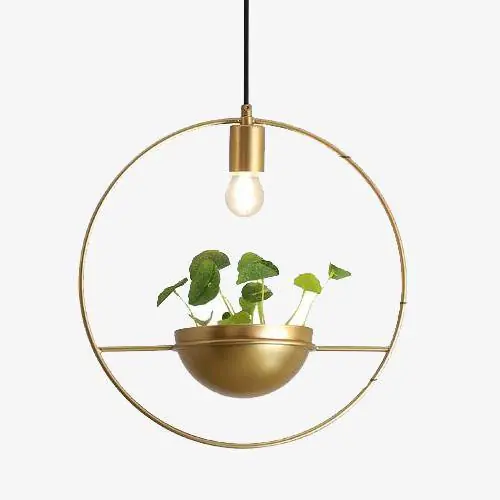 Suspension LED ronde dorée avec pot de fleur - Luxe & Design
