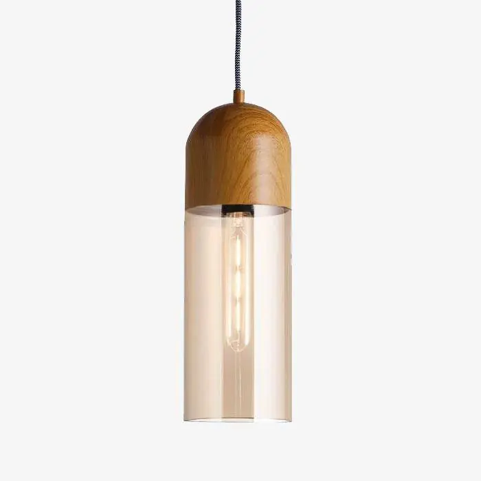 Suspension LED Loft en bois et verre cylindrique