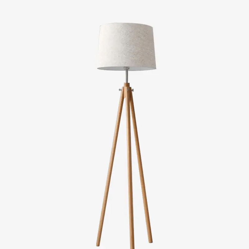 Lampadaire stylé avec abat-jour en tissu et trois pieds en bois