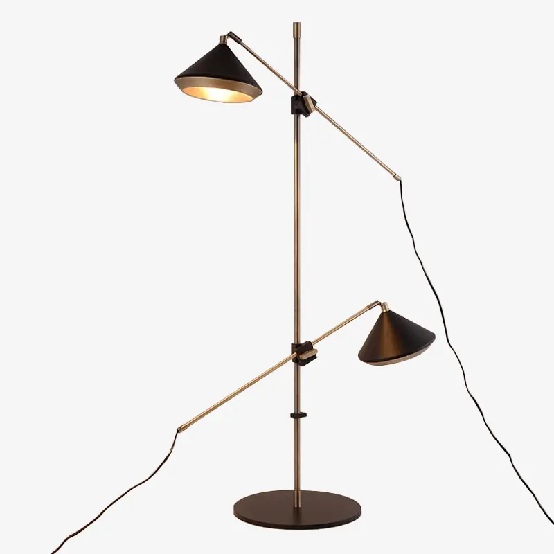 Lampadaire design \\"Glam Shine\\" avec 2 abat-jours ajustables sur pied doré