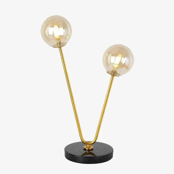 Lampe de chevet à deux branches dorées et boules en verre