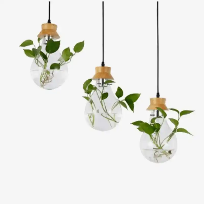 Suspension bocal en verre pour fleurs, support en bois