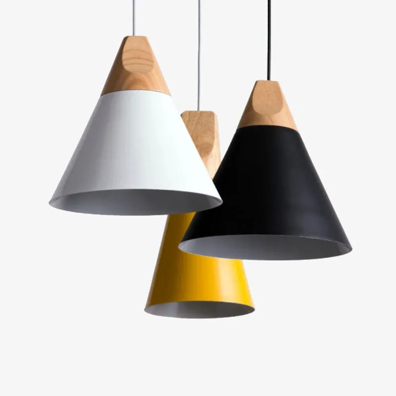 Suspension LED design en bois et aluminium - cône