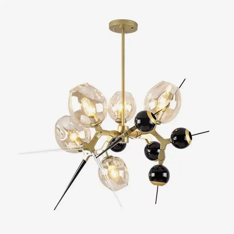 Lustre LED design doré et noir avec boules en verre et pics
