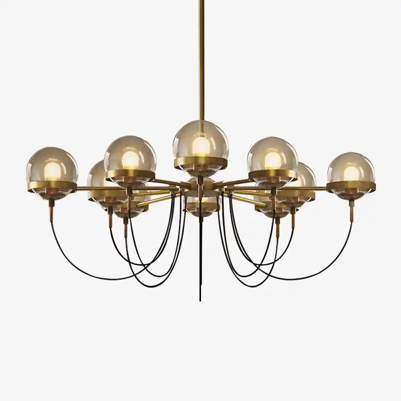 Lustre industriel doré avec boule en verre