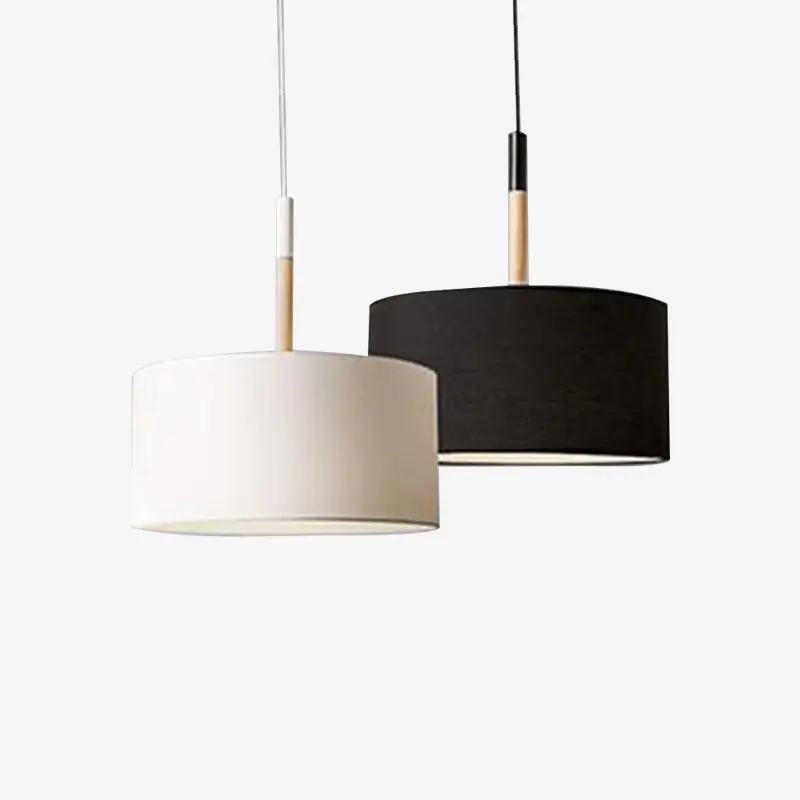 Suspension LED design avec abat-jour en tissu et tige en bois (noir ou blanc)