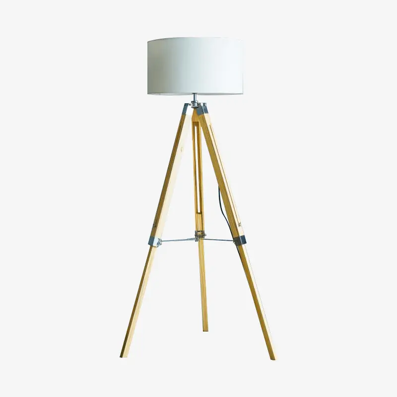 Lampadaire design sur tréteaux en bois avec abat-jour ajustable