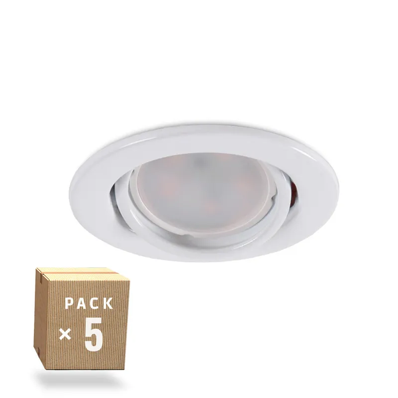 Pack of 5 LED Bulbs GU10 6W 500Lm 6000ºK 40.000H - Round Tiltable Downlight Ring "Vepa" Steel 90mm - White