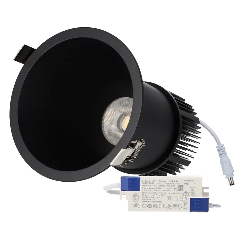 Wpuszczana oprawa LED Downlight 15W 90 lm/W CRI>95, 4000 K, sterownik Lifud 50 000 H, naturalna biel, czarny