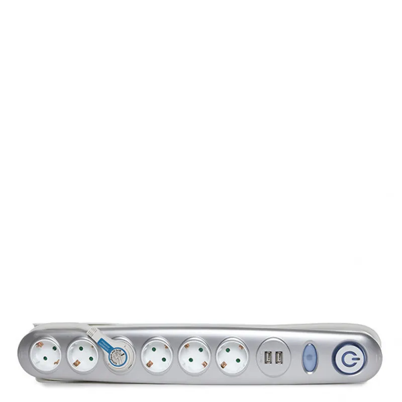 Zástrčka 6 X Zásuvka + Prepínač Svietivý + 2 X Usb Nabíjačka 2100 Ma 5V - IP20 - Biela / Strieborná