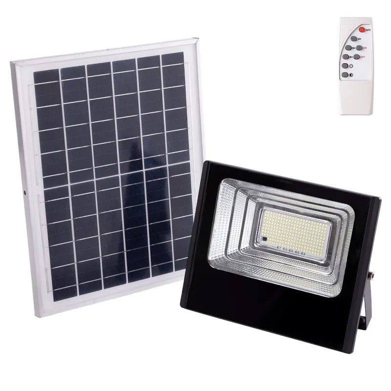 Aurinko-LED-valonheitin 100W 6500K Paneeli: 6V/12W Akku: 3,2V/8000MaH Kaukosäädin [HO-SOLARFL-100W-01]