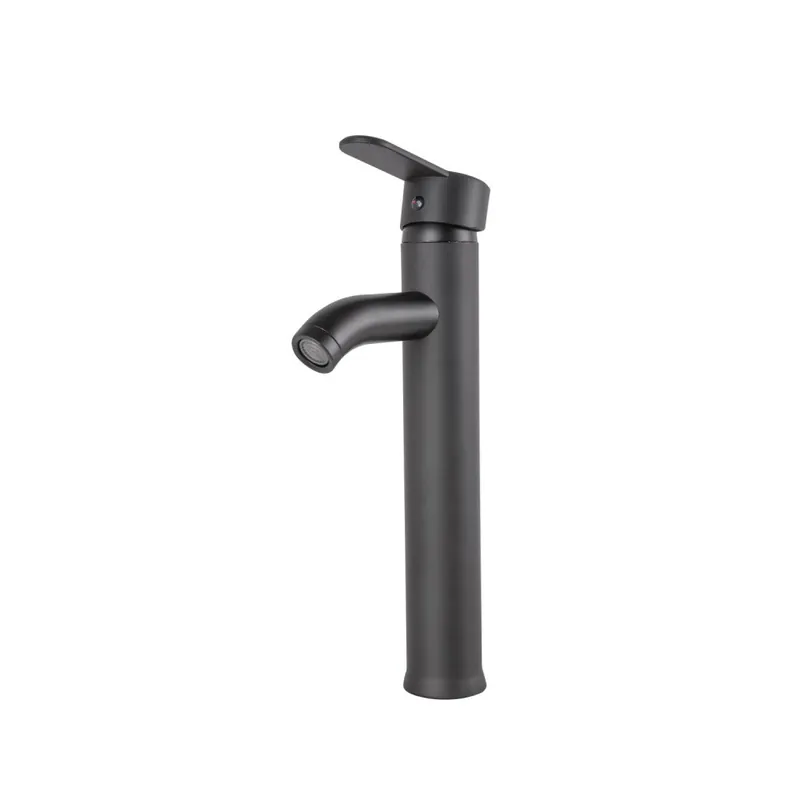 Wastafelkraan van messing/zink, zwart, warm-koud water, slangen, hoge uitloop, enkele hendel [QLI-FA-4214]