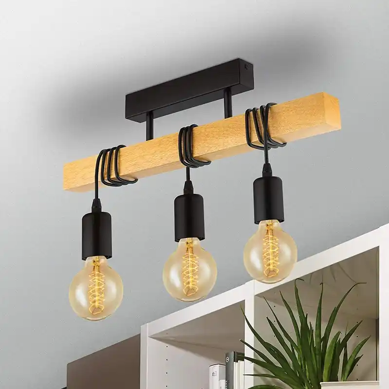 Plafonnier Industriel Noir et Bois