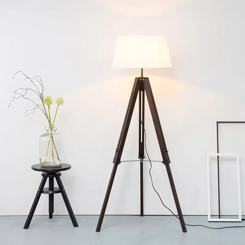 Lampadaire Trepied Industriel Bois Foncé et Abat-Jour Blanc
