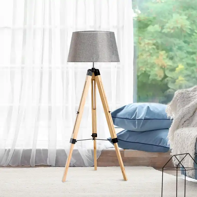 Lampadaire Trepied Industriel <br \\/> Bois Clair et Abat Jour Gris