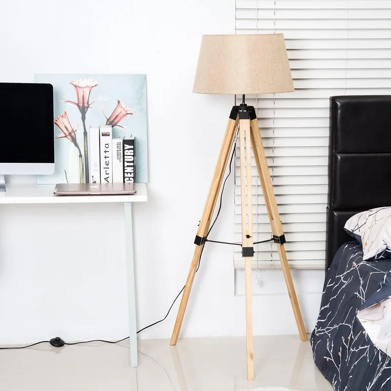 Lampadaire Trepied Industriel <br \\/> Bois Clair et Abat Jour Taupe