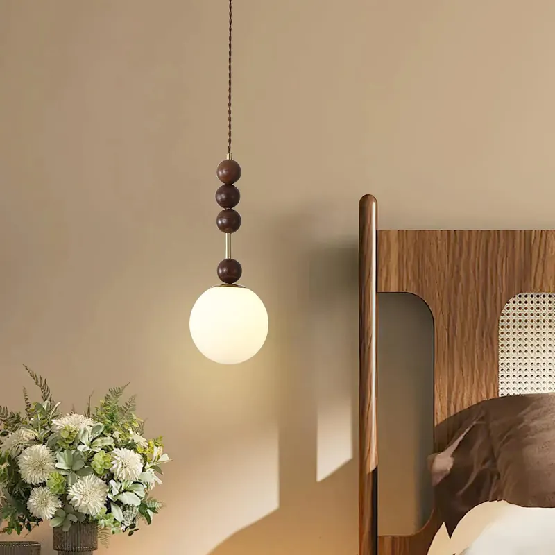 Classic Round Wooden Glass Shade Pendant Light