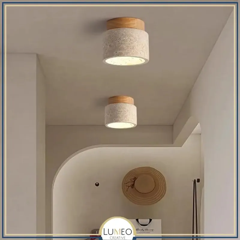 Spot plafond en travertin & bois | Élégance minérale naturelle