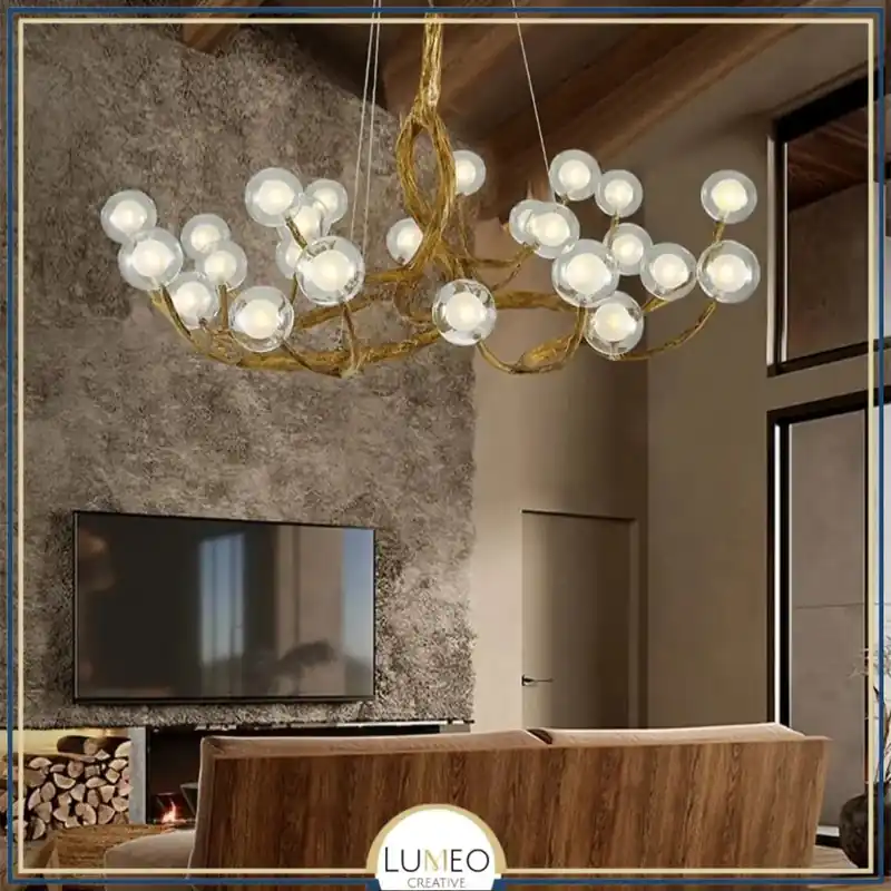 Lustre branche d'arbre à sphères lumineuses | Élégance rustique & design naturel